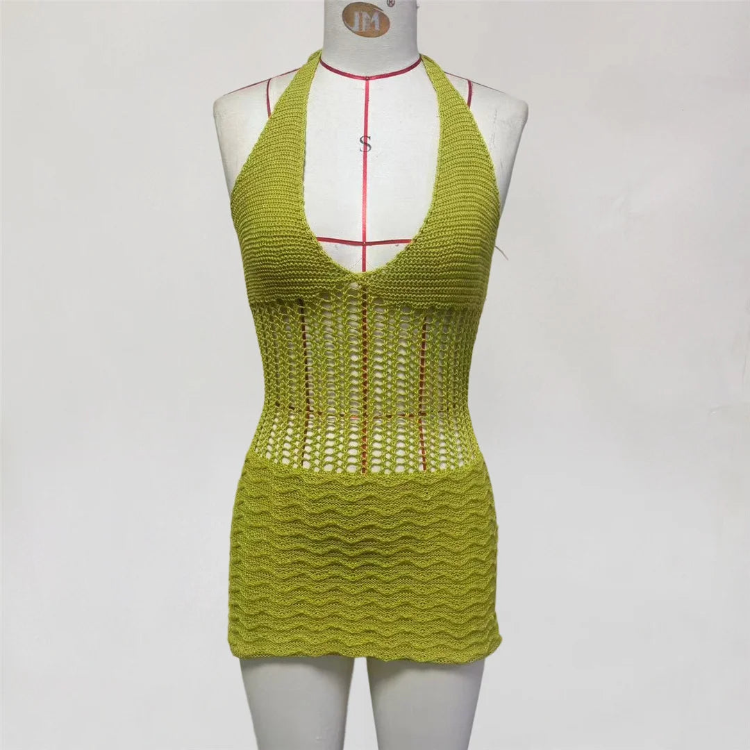S - XL Halter V Neck Backless Crochet Knitted Tunic Beach Cover Up Cover-ups Beach Dress Beach Wear Beachwear Female Women V8238