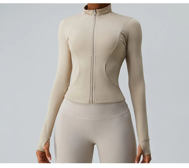 Gym Shirt Women's Full Zipper Yoga Top With Thumbholes Fitness Running Jacket Stretch Fit Long Sleeve Round Neck Top Sportswear