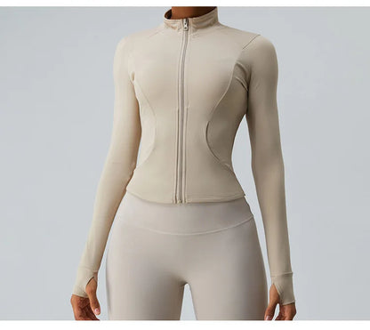 Gym Shirt Women's Full Zipper Yoga Top With Thumbholes Fitness Running Jacket Stretch Fit Long Sleeve Round Neck Top Sportswear