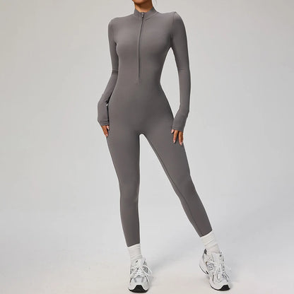 TRY TO BN Women's Jumpsuit Long Sleeve Zipper Shapewear Bodysuit Yoga Fitness One Piece Tights Gym Clothing Mono Deportivo Mujer