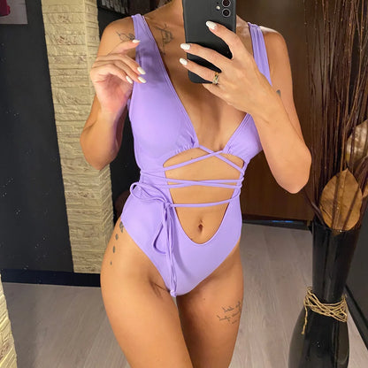 Sexy Bandage Wrap Around Tummy Cut Out Deep V Monokini One Piece Swimsuit Women Swimwear Female Bather Bathing Suit Swim V1037