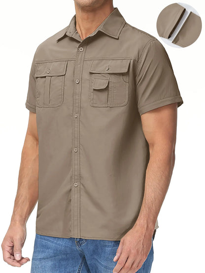 TACVASEN Quick Dry Long Sleeve Cargo Work Shirts with Pockets Mens Nylon Safari Hiking Shirts Button Down Shirts Clothes Males