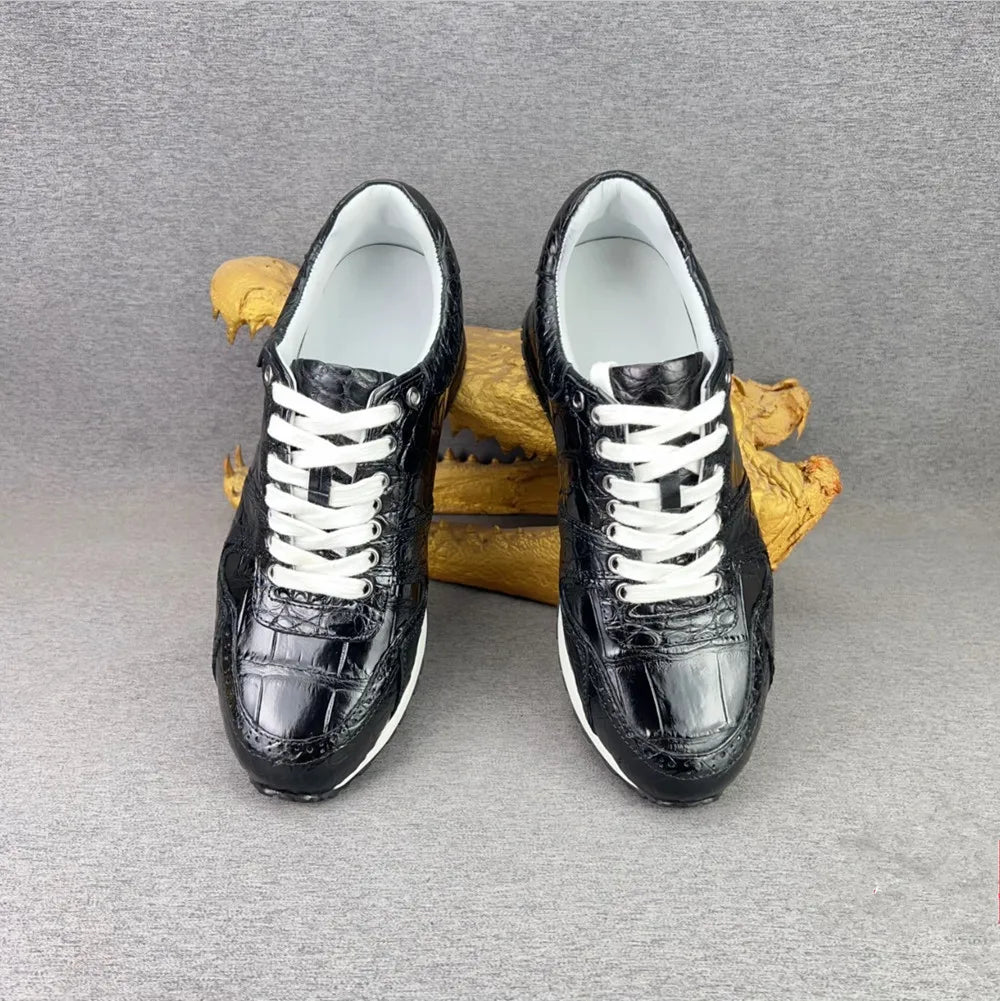 2026 new authentic crocodile leather men's black sneakers real crocodile leather men's soft lace-up casual shoes