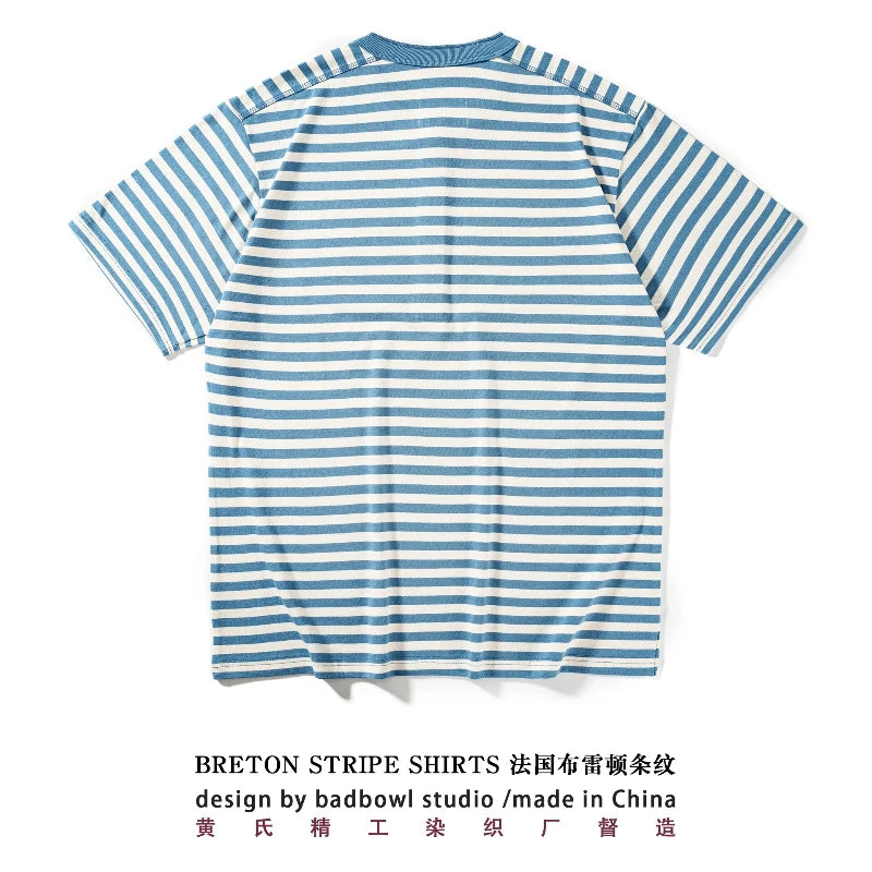 American Retro Sea Soul Shirt 270g Heavy Cotton T-shirt Men's Casual Round Neck Short Sleeve T-shirt Striped Base T-shirt