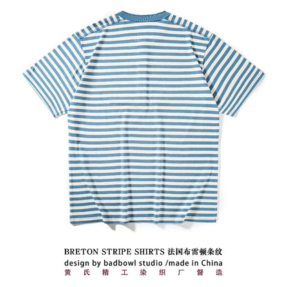 American Retro Sea Soul Shirt 270g Heavy Cotton T-shirt Men's Casual Round Neck Short Sleeve T-shirt Striped Base T-shirt