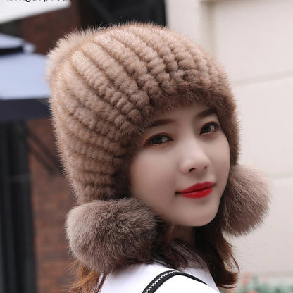 Fashion Women Real mink hat Winter warm mink fur knit hats Women fox fur ball cap