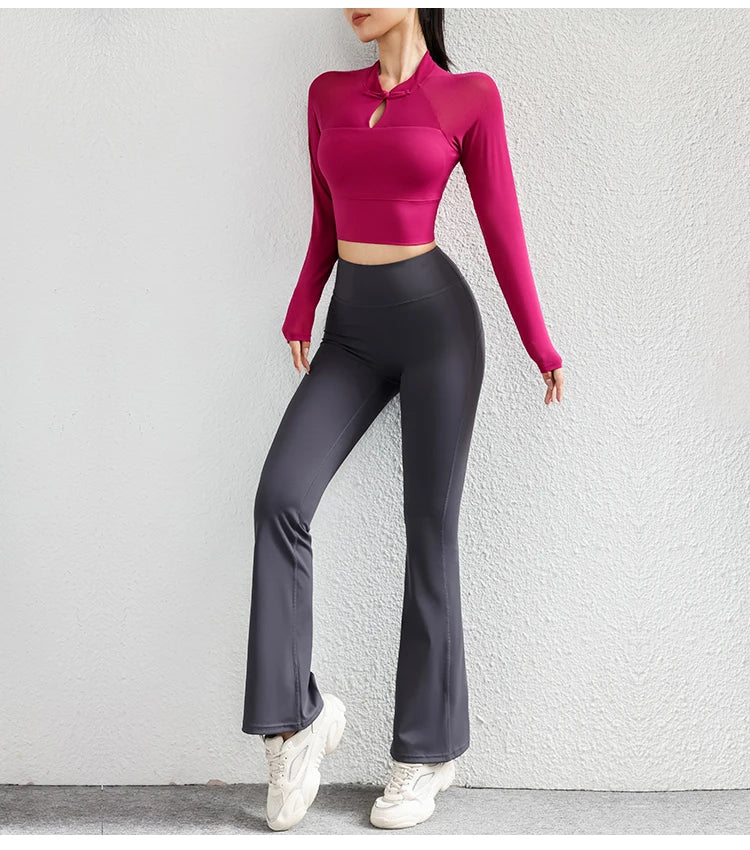 Workout Crop Tops for Women Yoga Long-sleeved Slim Fit Athletic Gym Built in Bra Running Workout