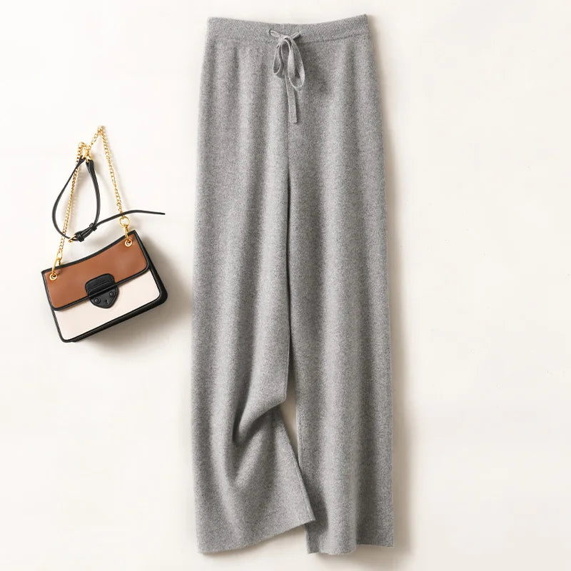 CHICUU Women Cashmere Pants Basic Casual Wide Leg Pants Autumn Winter 100% Merino Wool Knitwear Soft Korean Popular Trousers