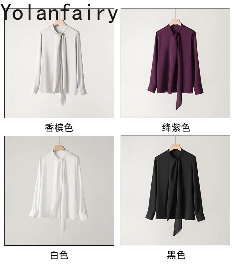 YOLANFAIRY 93% Real Mulberry Silk Shirts for Women Spring 2026 Elegant Solid Long Sleeve Shirt Woman Top Ribbon OL Blouses Trend