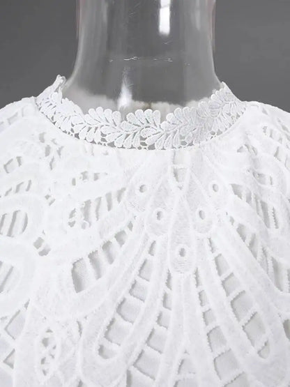 DEAT Fashion White Stand Collar Lantern Long Sleeve Water-soluble Lace Dress A-line Ruffle Hollow Party Mini Dresses Summer New