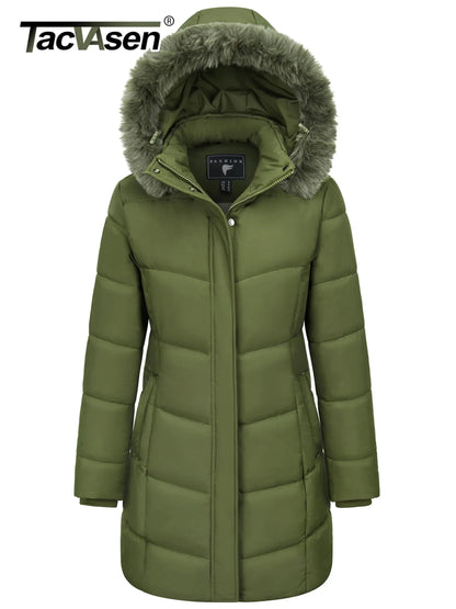 TACVASEN Womens Fleece Long Padding Winter Jacket Down Puffer Outwear with Removable Hood Waterproof Windproof Thicken Park Coat