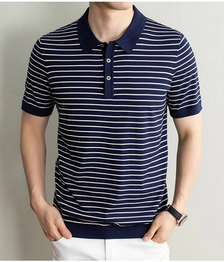 Men's Lyocell shirt summer new casual striped short sleeved T-shirt Polo collar breathable comfortable knitted pullover