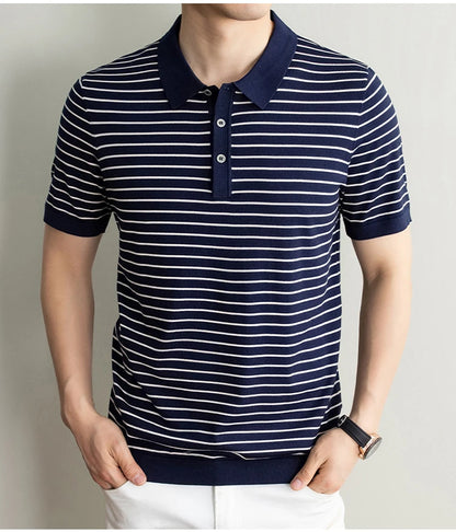 Men's Lyocell shirt summer new casual striped short sleeved T-shirt Polo collar breathable comfortable knitted pullover