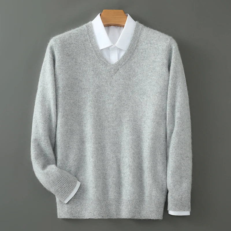 100% Pure Mink Cashmere Sweater Men's V-Neck Pullovers Knit Large Size Mink Sweater Winter New Long Sleeve High-End Jumpers Tops