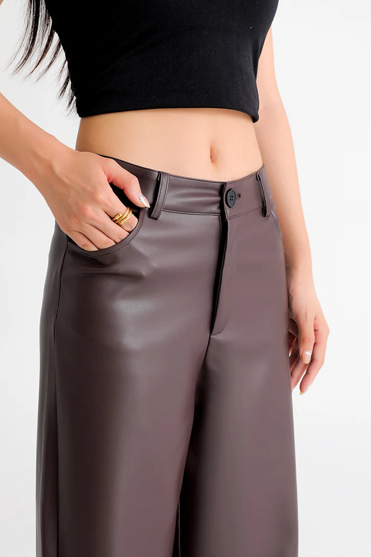 BIVIGAOS Fall Winter Fleece Loose Wide Leg Warm Leather Pants Women Button Pocket High Waist Thick PU Casual Straight Pants