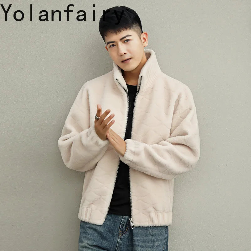 YOLANFAIRY Winter 100% Sheep Shearing Jacket Man Clothing Fashion Stand Collar Granular Lamb Fur Coat Men's Jackets chaqueta