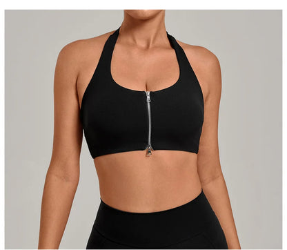TRY TO BN Yoga Sports Bra Women's Zipper Halter Neck Naked Feeling Backless Underwear Fitness Tops Workout Running Gym Clothing