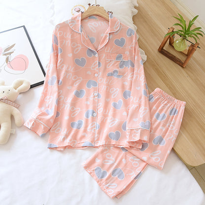 Spring and summer new 100% viscose pajamas two-piece long-sleeved trousers women's flowers comfortable plus size homewear suit
