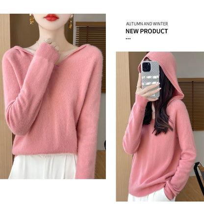 Women Autumn Winter Clothing Hooded Collar Pullover 100% Merino Wool Sweater New Fashion Cashmere Tops Bottoming Knitwear Soft