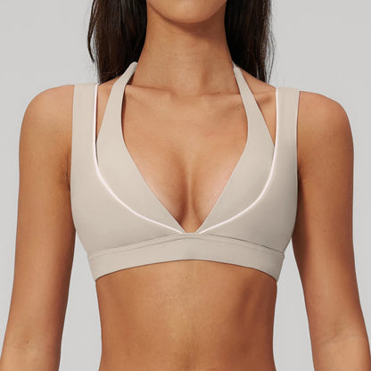 Color Contrast Deep-V Sports Bra Women's Gym Fitness Yoga Top Backless Breathable Sports Underwear Female Push Up Workout Top