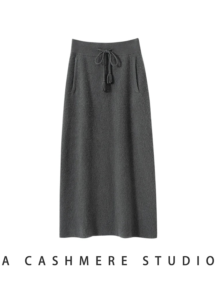 CHICUU Women's 100% Cashmere Knitted Skirt A-line Skirt Autumn Winter Thick Warm Office Lady Grace Style Cashmere Knitwear Skirt