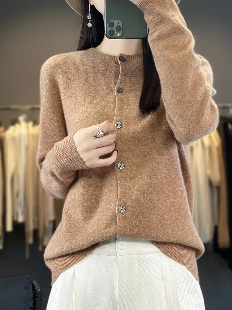 100% Merino Wool Sweater Women O-Neck Cardigan Basic Style  Buttoned Knitwear Female Casual Autumn Winter Soft Tops
