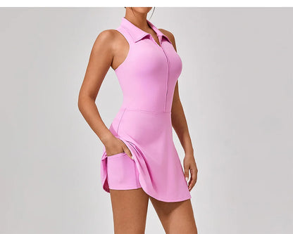 Women's Tennis Dress Women Turn Down Collar Front Zipper 2-in-1 Golf Sports Tight Dress Fitness Workout Running Pocket Skort