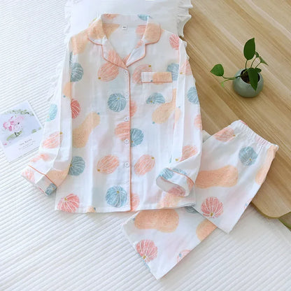 Spring/Summer 2026 New Women's 100% Cotton Gauze Thin Long Sleeve Pants Two Piece Cardigan Homewear Set Sleepwear Pijama