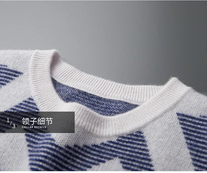 Men's Autumn Winter New 100% Cashmere O-Neck Sweater Fashion Knitted Jacquard Pullover Top Color blocked Thickened Men's Wear