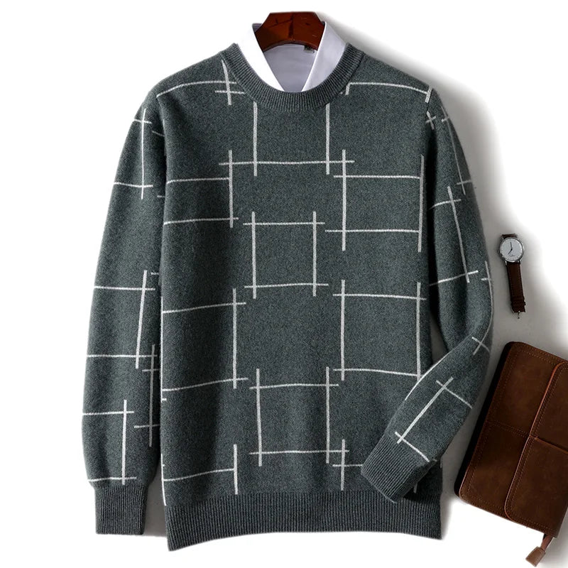 Autumn/Winter 100% Pure Wool Men's O-Neck Thick Business Sweater Loose Casual Wool Knit Bottoming Shirt Men's Sweater