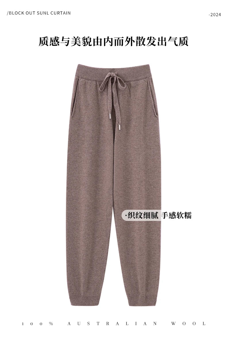 2024 Autumn And Winter New 100% Pure Wool Flat Small Foot Pants Women Loose High Waist Lean Knitted Cashmere Bunched Foot Pants