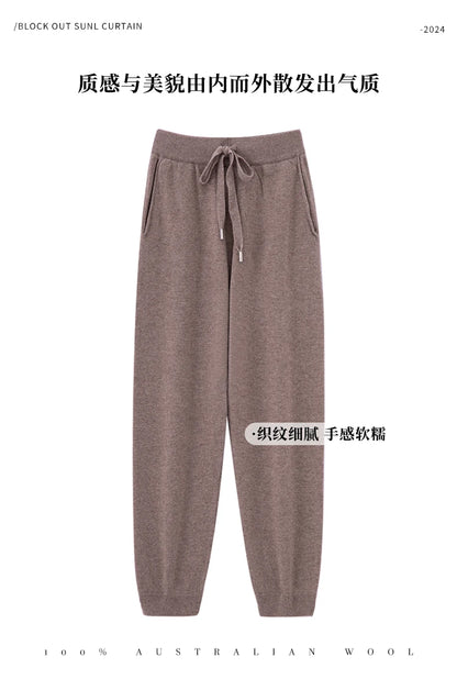 2024 Autumn And Winter New 100% Pure Wool Flat Small Foot Pants Women Loose High Waist Lean Knitted Cashmere Bunched Foot Pants