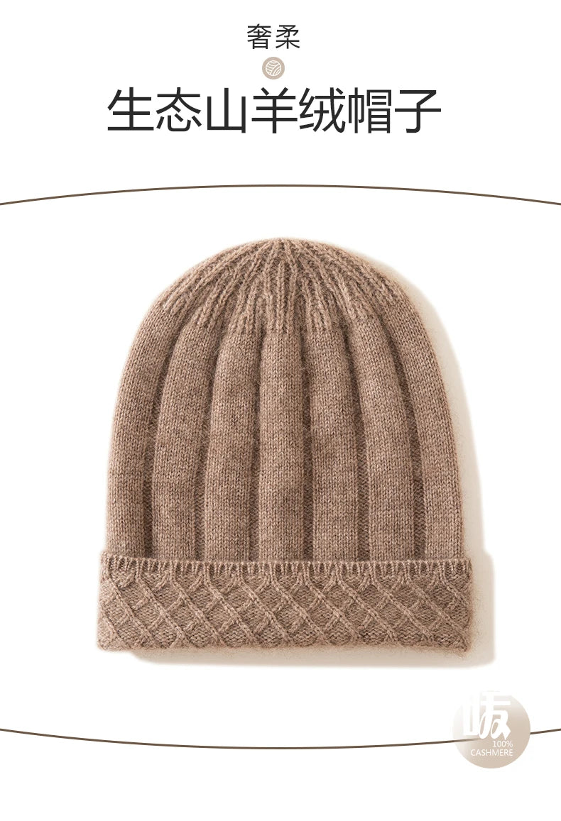Thickened Outdoor Hat Autumn And Winter Men's And Women's Pullover 100%cashmere Hat With Groove Strip Casual And Warm Woolen Hat