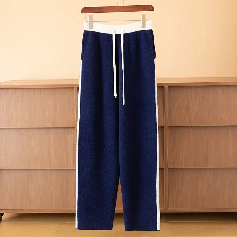 Autumn Winter Thick 100% Merino Wool Contrasting Splicing Casual Sports Pants Men Versatile Knitted Sweatpants Straight Leg Pant