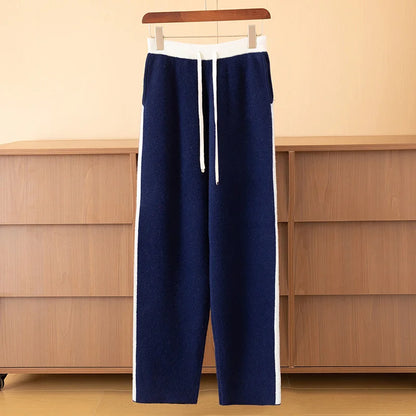 Autumn Winter Thick 100% Merino Wool Contrasting Splicing Casual Sports Pants Men Versatile Knitted Sweatpants Straight Leg Pant