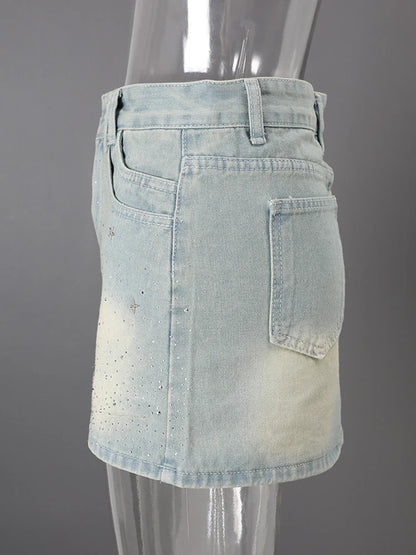 DEAT Fashion Star Rhinestone Denim Mini Skirt Women's High Waist Light Blue Gradient Wash Skirts Summer New