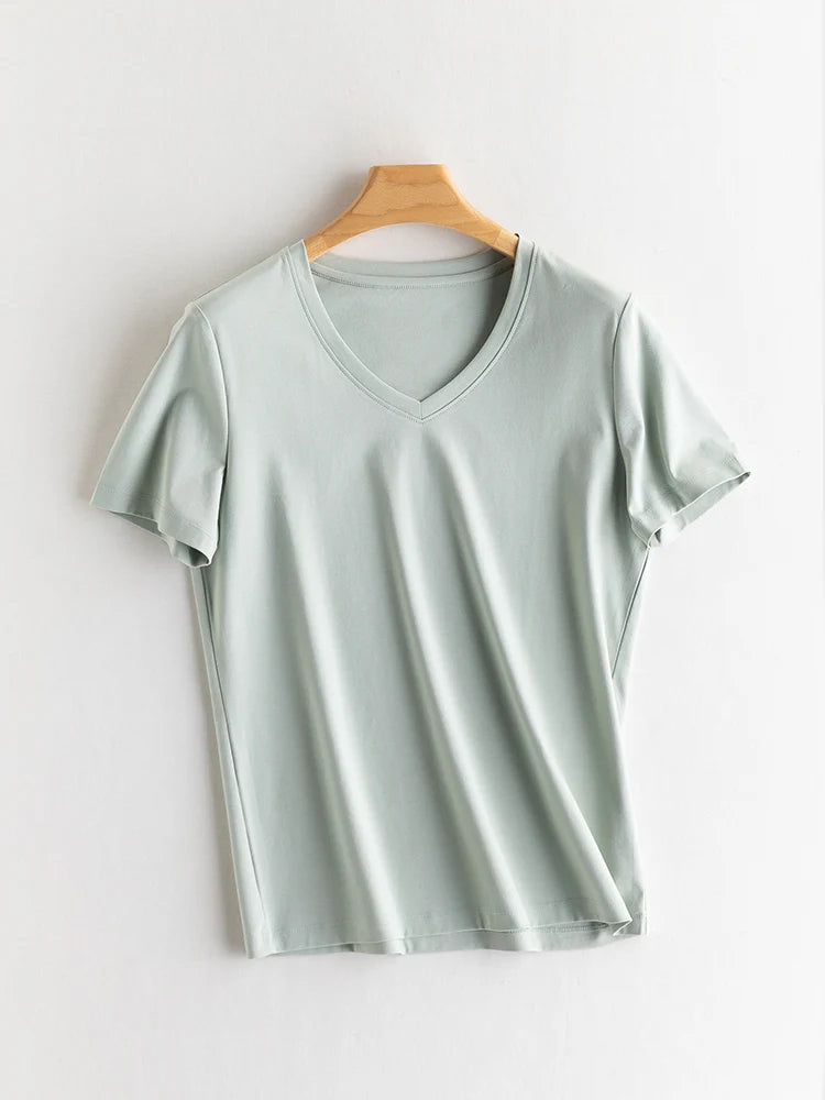 SuyaDream Women Solid T shirts, Silk Cotton Blend, O Neck, Short Sleeved Solid Tee,2025 Summer Candy Colors Basic Cozy Top Green