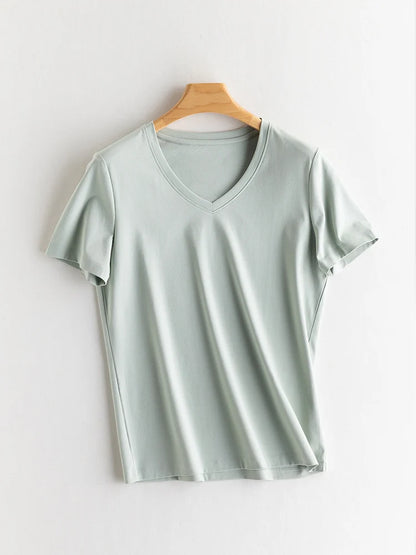 SuyaDream Women Solid T shirts, Silk Cotton Blend, O Neck, Short Sleeved Solid Tee,2025 Summer Candy Colors Basic Cozy Top Green