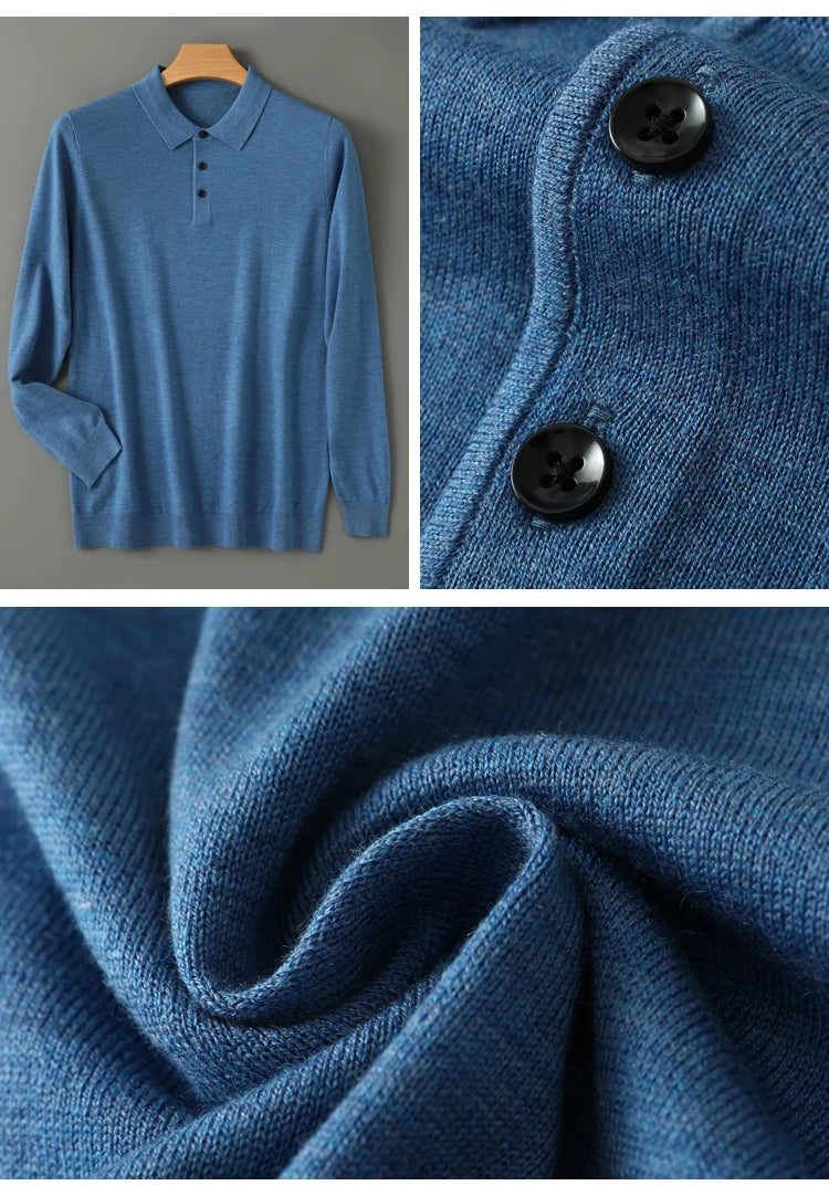 Men's Merino Wool Sweater Polo Collar Pullover Autumn Winter New Cashmere Knitwear Casual Loose Men's Shirts Tops Warm Soft