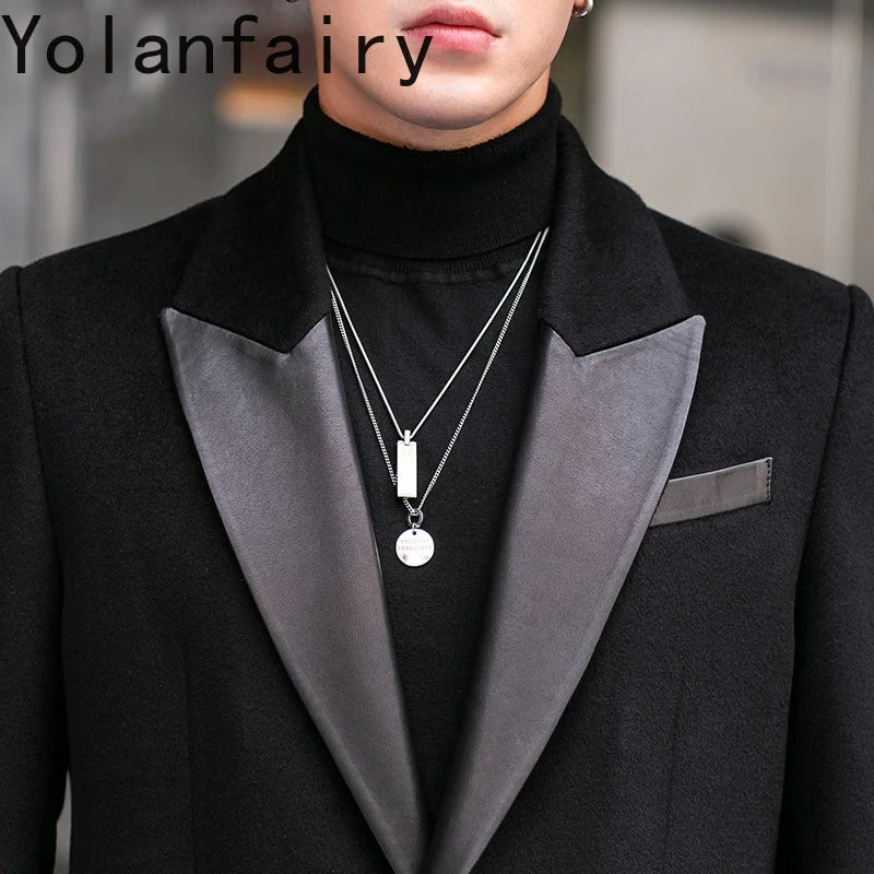 YOLANFAIRY 2025 Autumn Genuine Sheepskin Patchwork Wool Coat Man Clothing Men's Mid-length Suit Windbreaker Trendy Woolen Jacket
