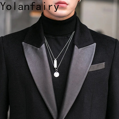 YOLANFAIRY 2025 Autumn Genuine Sheepskin Patchwork Wool Coat Man Clothing Men's Mid-length Suit Windbreaker Trendy Woolen Jacket