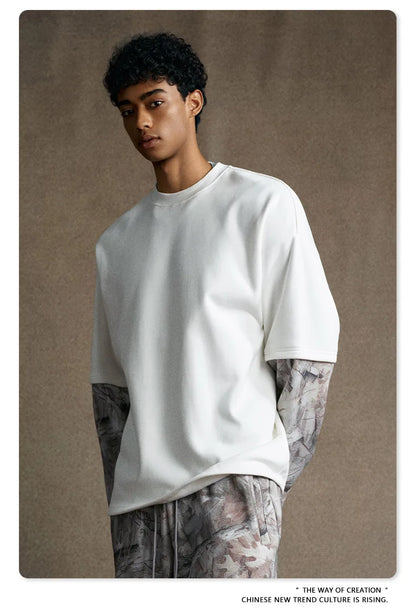 Custom LOGO Men's 2025 Autumn New 340G fleece-lined Fake Two-piece Camouflage Sweater T-Shirt Casual Pants Set