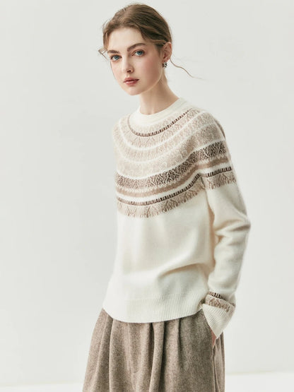 CHICUU Women Autumn Winter O-neck Vintage Style Pullover Sweater 100% Cashmere Knitwear Thick Warm Jacquard Knitting Sweater Top