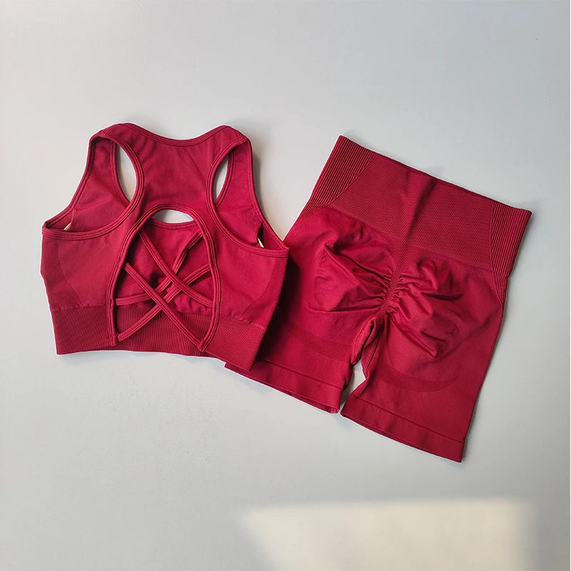 2 PCS Women Seamless Yoga Set Sexy Sport Bra + High Waist Sports Shorts Gym Clothing Fitness Sleeveless Shorts Suit Sporstwear