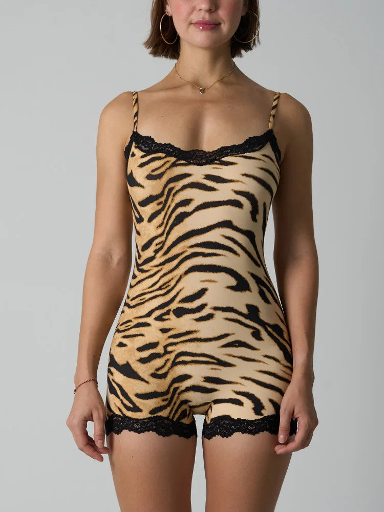 Custom LOGO women's European and American leopard print onesie lace suspender knitted boxer jumpsuit