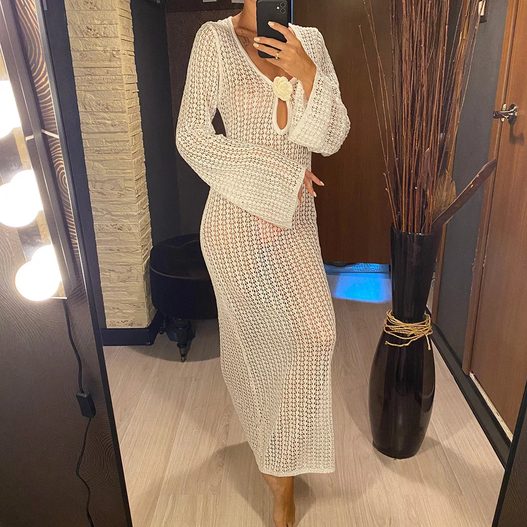 3D Flower V Neck Long Sleeve Crochet Knitted Tunic Beach Cover Up Cover-ups Beach Dress Beach Wear Beachwear Female Women V5852