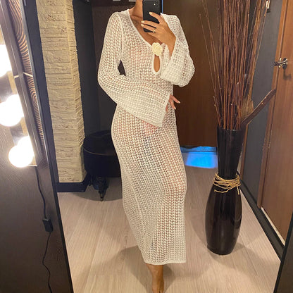 3D Flower V Neck Long Sleeve Crochet Knitted Tunic Beach Cover Up Cover-ups Beach Dress Beach Wear Beachwear Female Women V5852