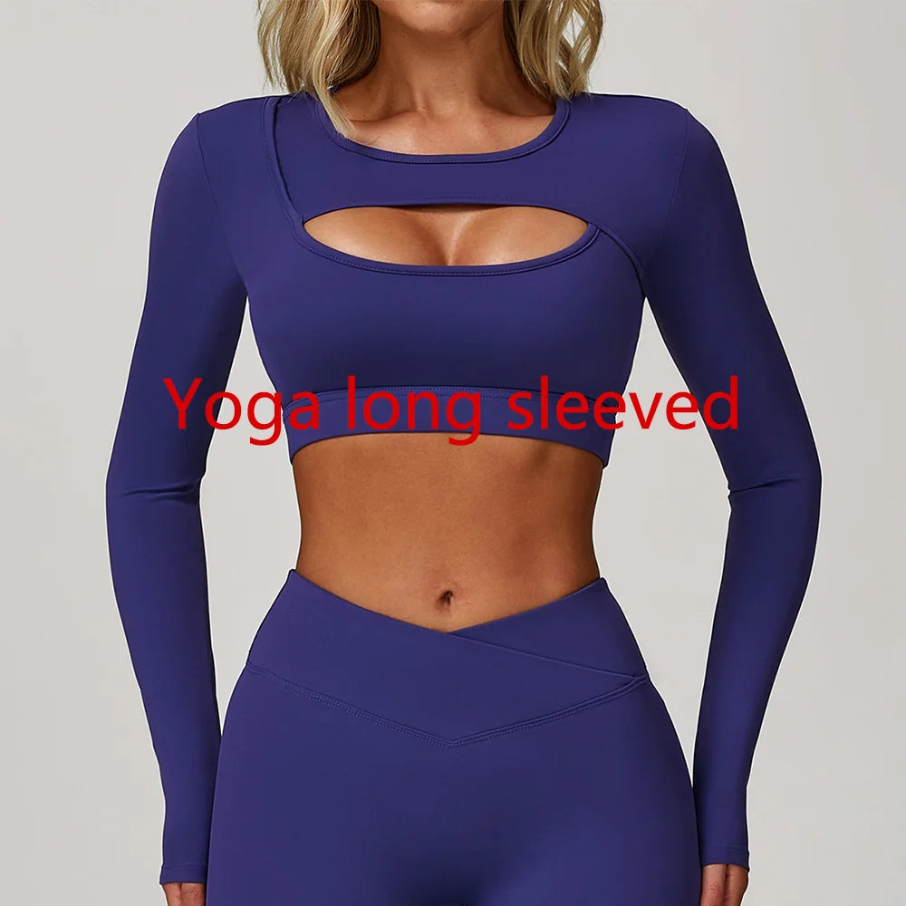 Women Yoga Shirts Crop Top Long Sleeves Sexy Hollow Out Shirts for Women Yoga Sports Fitness Gym Clothes Push Up Workout Tops