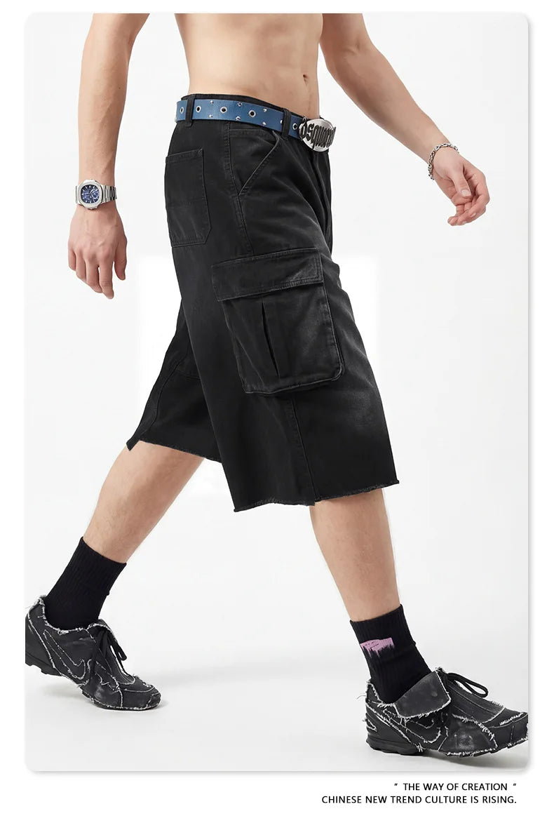 Custom LOGO men's 310G heavy 100% cotton summer American street multi-pocket retro washed old loose tooling seven-point shorts