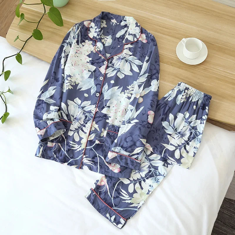 Spring and summer new 100% viscose pajamas two-piece long-sleeved trousers women's flowers comfortable plus size homewear suit